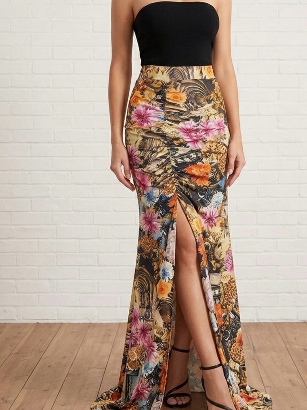 VENUS Floral High-Slit Maxi Skirt - Black, Pink & Orange